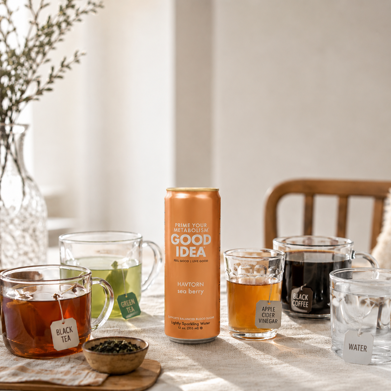 GOOD IDEA apple cider vinegar black tea green tea on a table