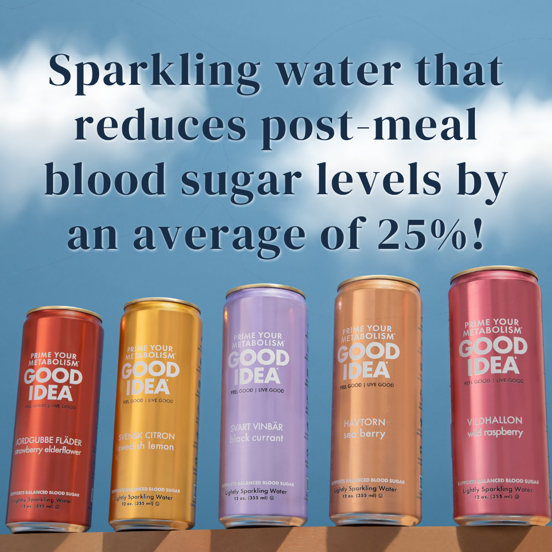   
Five cans of GOOD IDEA sparkling water against a blue sky background, with text that reads “Sparkling water that reduces post‑meal blood sugar levels by an average of 25%”.