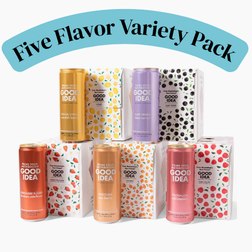 Five Flavor Variety Pack featuring Swedish Lemon, Black Currant, Strawberry Elderflower, Sea Berry, and Wild Raspberry cans with 6‑pack boxes displayed in the background