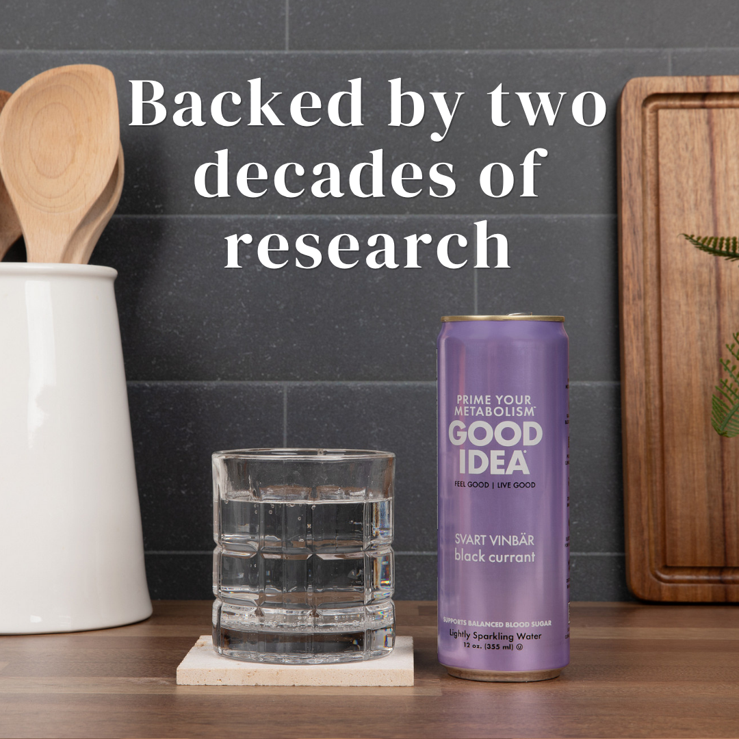 Can of GOOD IDEA Black Currant sparkling water with glass and text on the image reads: “Backed by two decades of research.”