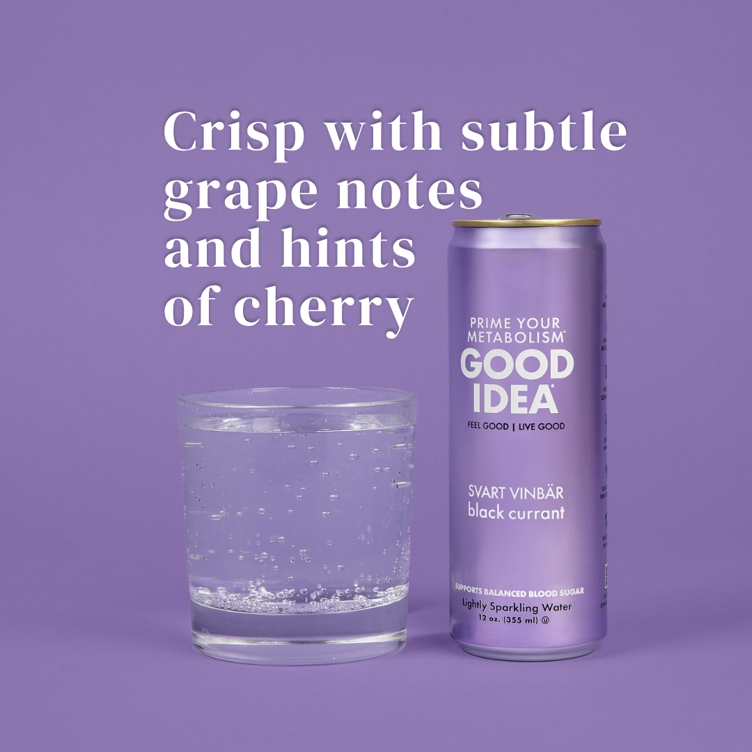 Purple can of GOOD IDEA Black Currant sparkling water with a glass of water on a purple background, with text that reads “Crisp with subtle grape notes and hints of cherry”.
