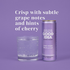 Purple can of GOOD IDEA Black Currant sparkling water with a glass of water on a purple background, with text that reads “Crisp with subtle grape notes and hints of cherry”.