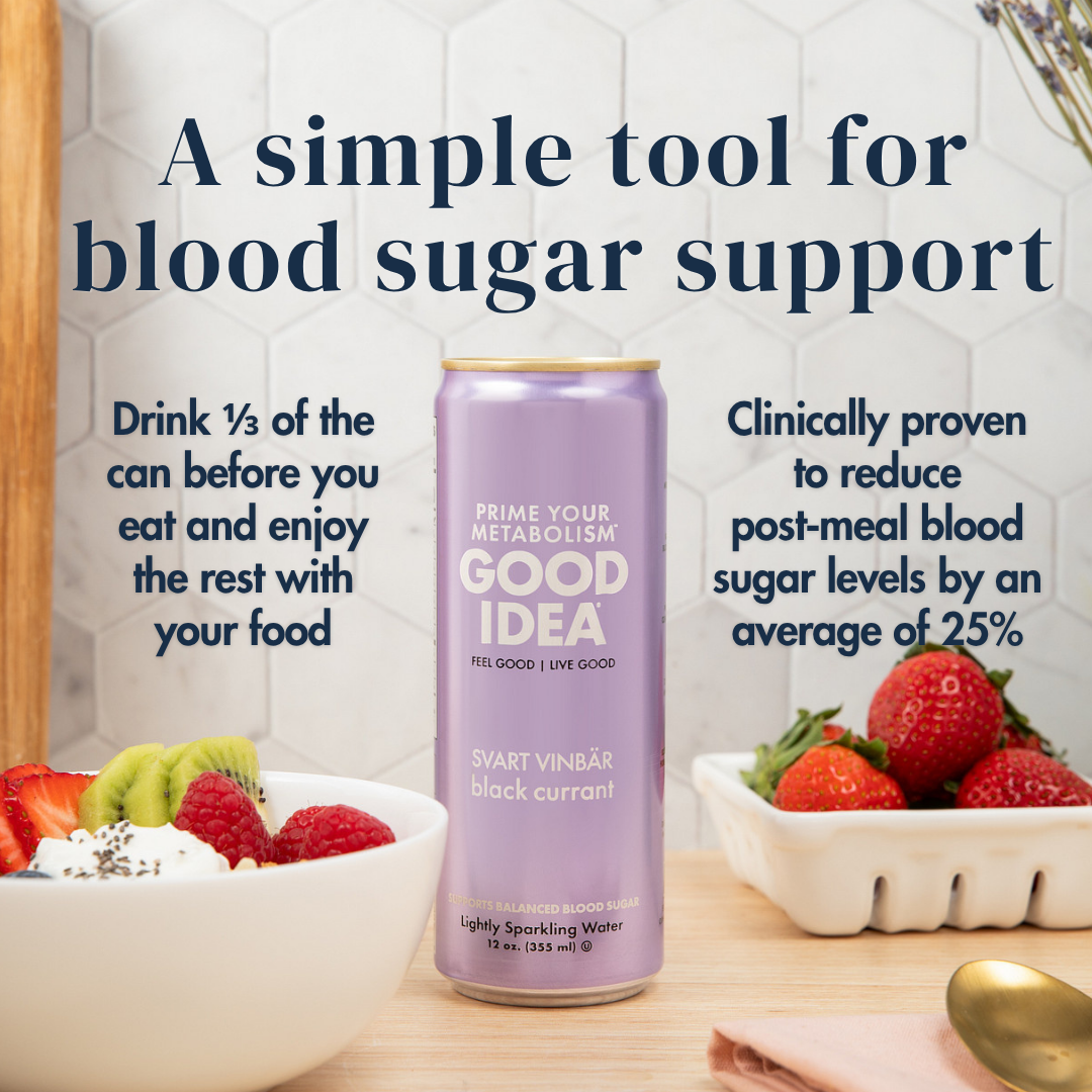 Can of Good Idea Wild Raspberry sparkling water on a countertop with fresh berries and a bowl of yogurt. Text on the image reads: “A simple tool for blood sugar support. Drink 1/3 of the can before your meal and enjoy the rest with your food. Clinically proven to reduce post‑meal blood sugar levels by an average of 25%.”