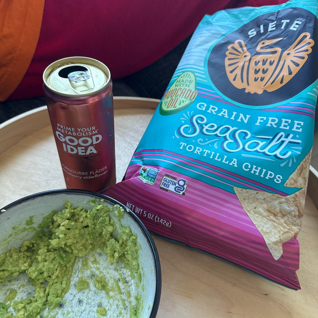 A bag of Siete Sea Salt Grain Free Tortilla Chips next to a can of GOOD IDEA. Photo from customer.