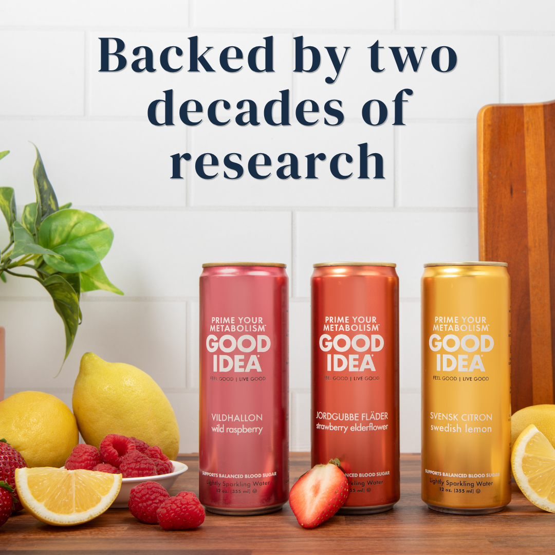 Cans of Good Idea Wild Raspberry, Strawberry Elderflower, and Swedish Lemon on a countertop. Text on the image reads: “Backed by two decades of research.”
