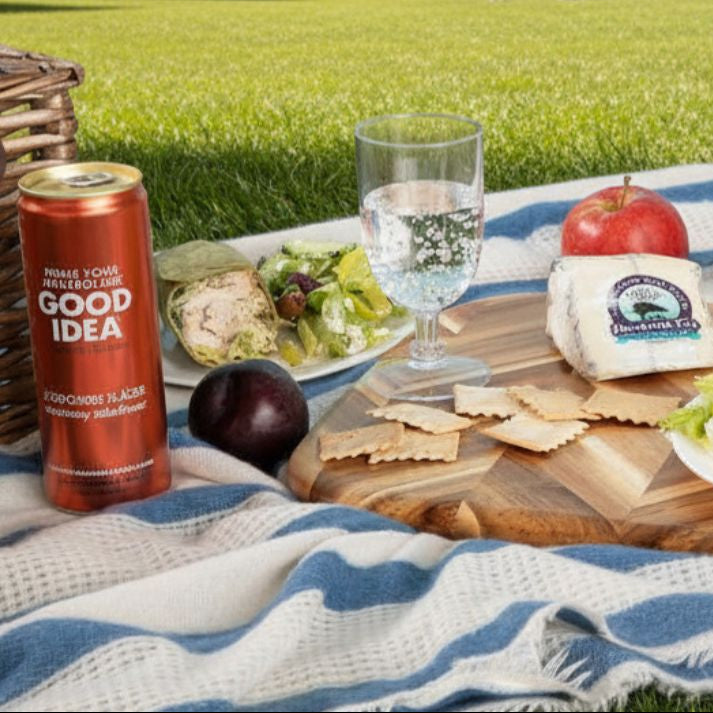 Picnic setup with food, GOOD IDEA , and cutlery on a blanket in a park.