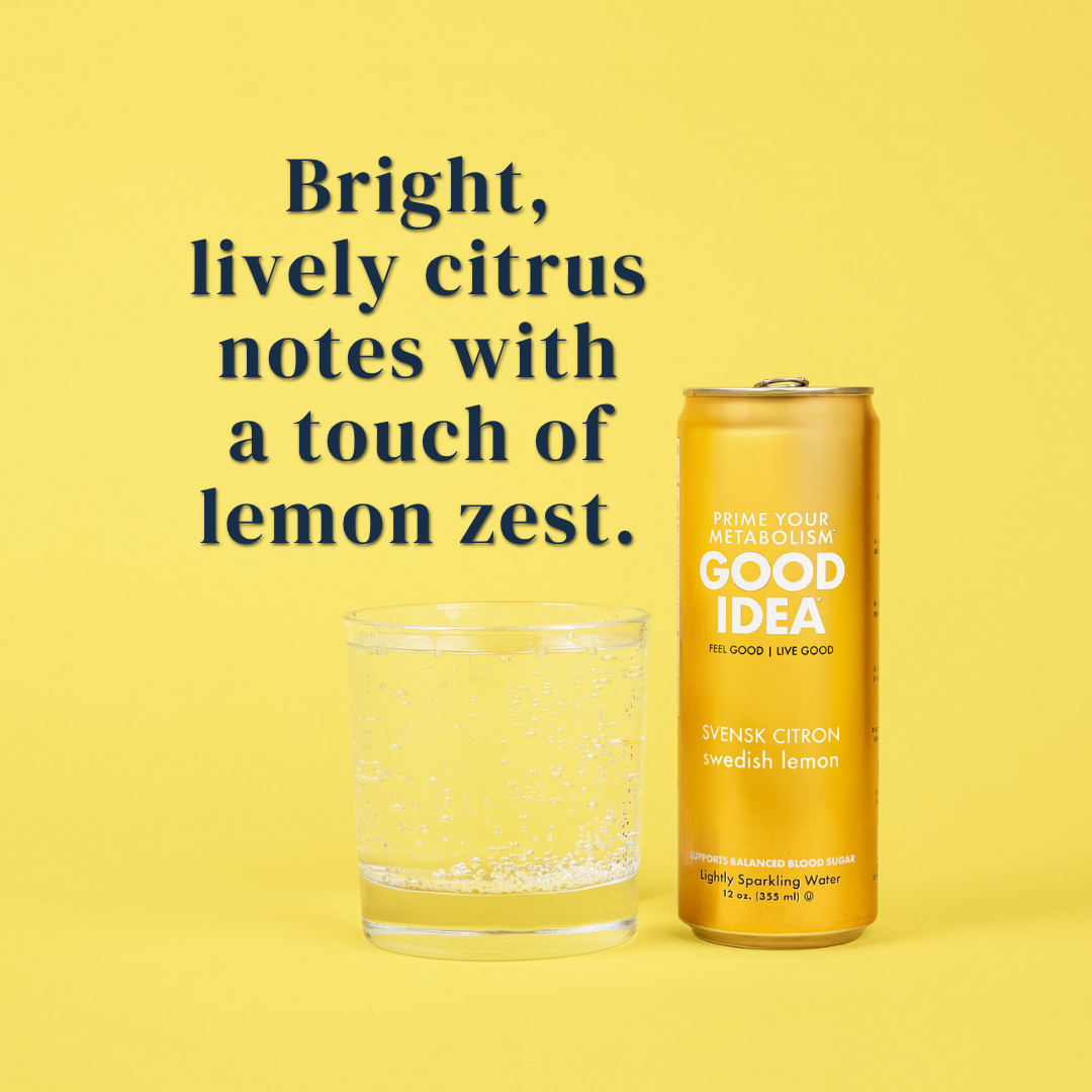 Can of GOOD IDEA Swedish Lemon sparkling water with text that reads “Bright, lively citrus notes with a touch of lemon zest”