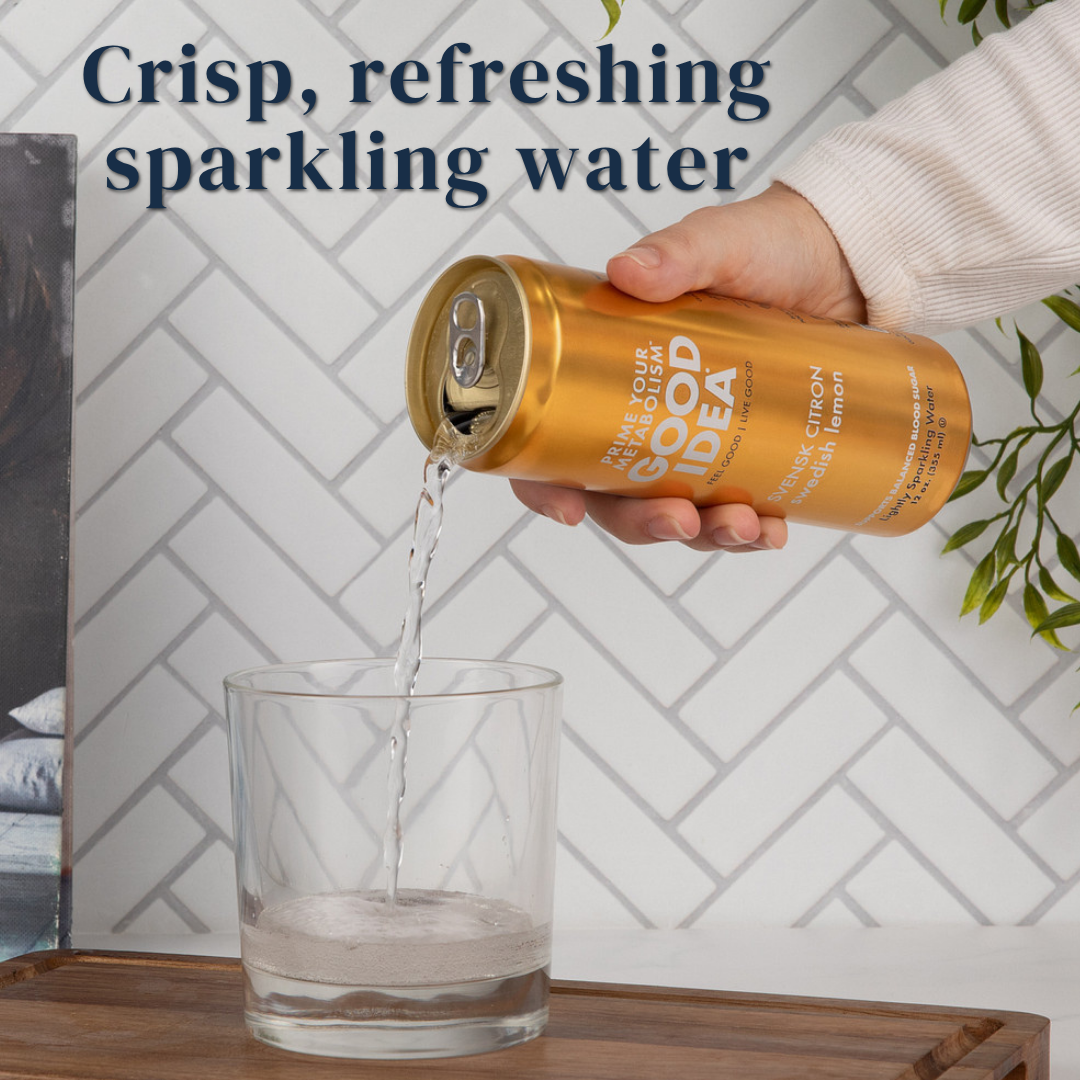 Person pouring a can of Good Idea sparkling water into a glass, with text on the image that reads “crisp, refreshing sparkling water.”