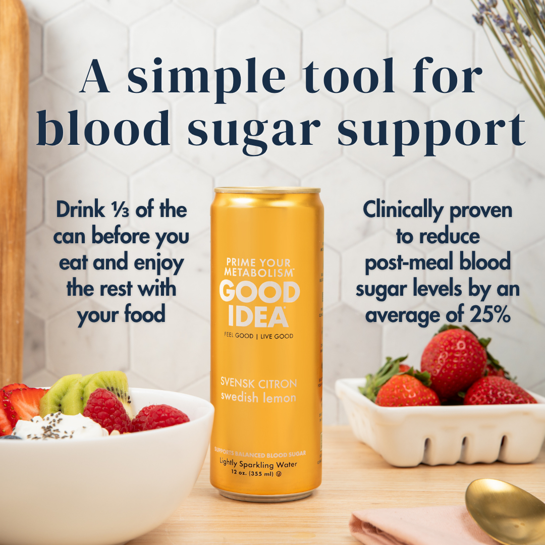 Can of Good Idea Swedish Lemon sparkling water on a countertop with fresh berries and a bowl of yogurt. Text on the image reads: “A simple tool for blood sugar support. Drink 1/3 of the can before your meal and enjoy the rest with your food. Clinically proven to reduce post‑meal blood sugar levels by an average of 25%.”