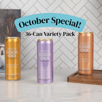 Text that reads “October Special! 36‑Can Variety Pack” with three cans of GOOD IDEA — Swedish Lemon, Black Currant, and Sea Berry — displayed.