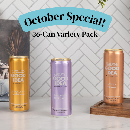 Text that reads “October Special! 36‑Can Variety Pack” with three cans of GOOD IDEA — Swedish Lemon, Black Currant, and Sea Berry — displayed.