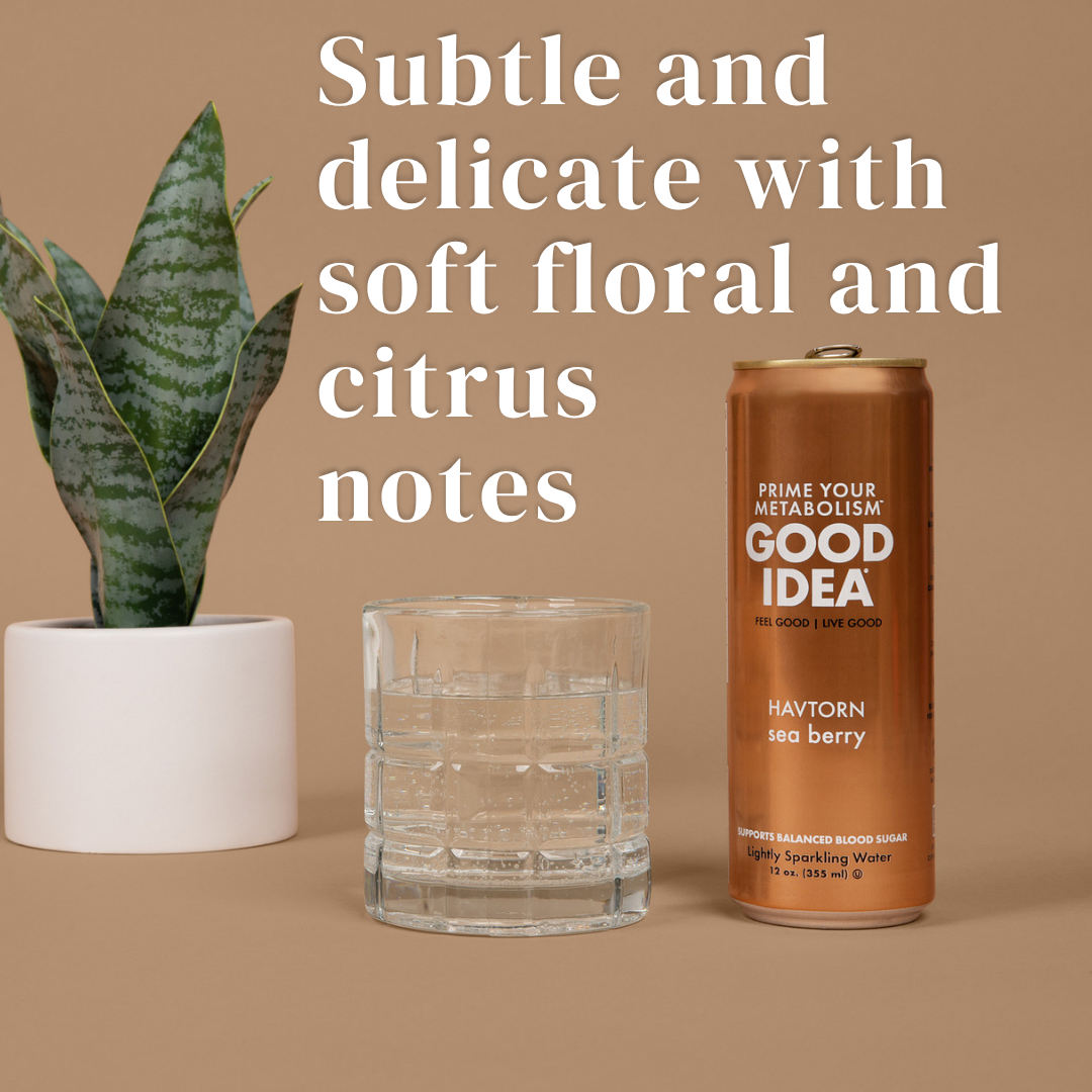 Can of Sea Berry Good Idea sparkling water with a glass and a plant in the background, with text that reads “Subtle and delicate with soft floral and citrus notes”