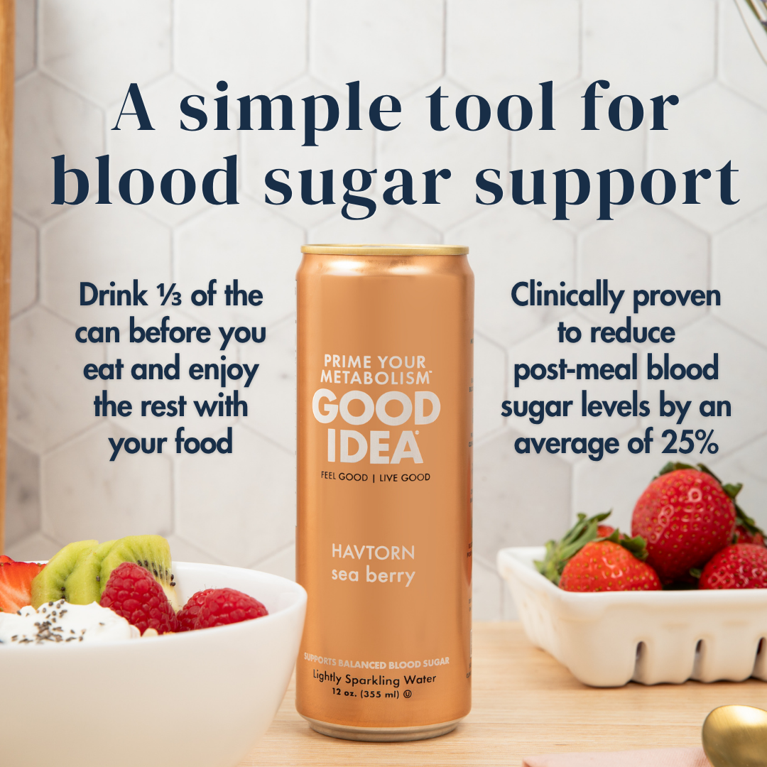 Can of Good Idea Sea Berry sparkling water on a countertop with fresh berries and a bowl of yogurt. Text on the image reads: “A simple tool for blood sugar support. Drink 1/3 of the can before your meal and enjoy the rest with your food. Clinically proven to reduce post‑meal blood sugar levels by an average of 25%.”