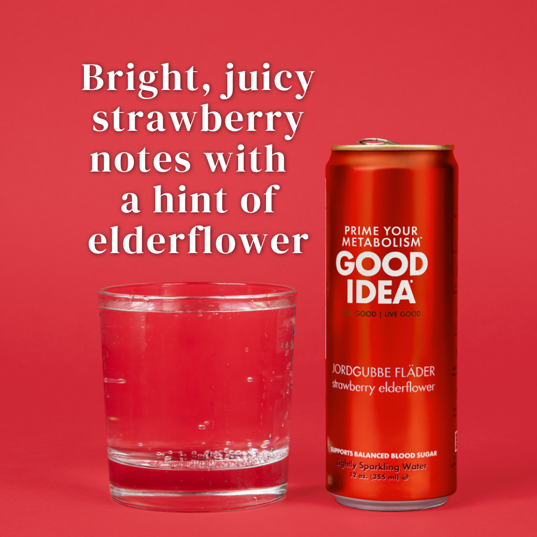 Strawberry Elderflower can of GOOD IDEA sparkling water with a glass on a red background, with text that reads “Bright, juicy strawberry notes with a hint of elderflower”.