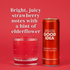 Strawberry Elderflower can of GOOD IDEA sparkling water with a glass on a red background, with text that reads “Bright, juicy strawberry notes with a hint of elderflower”.