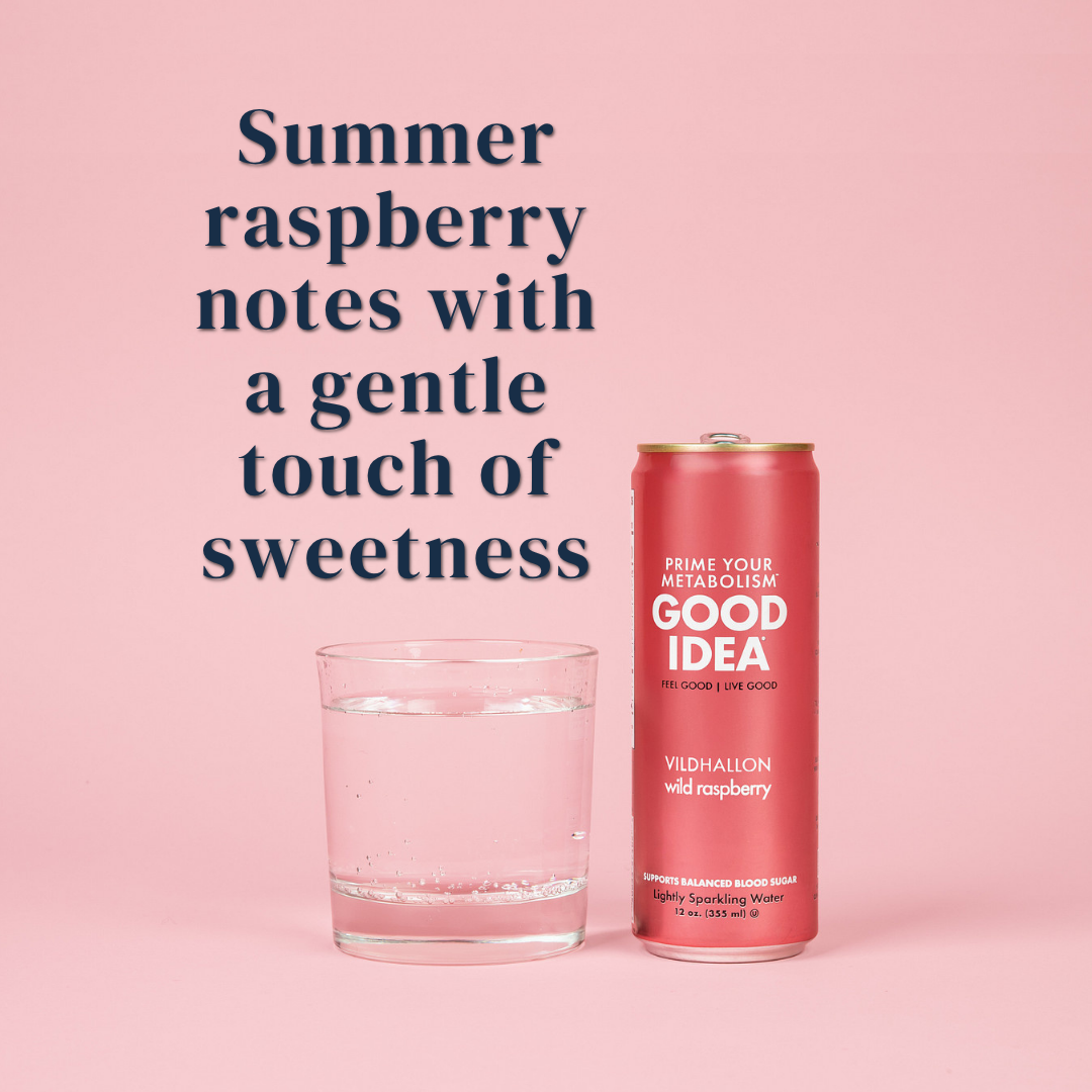 Good Idea sparkling water can with a glass of water on a pink background, with text that reads “Summer raspberry notes with a gentle touch of sweetness”