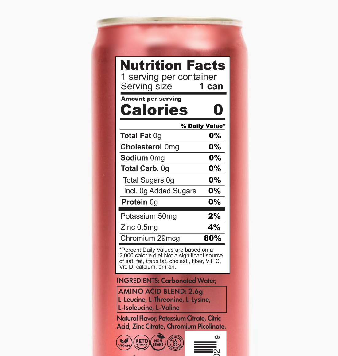 Nutrition facts label on the back of a Good Idea Wild Raspberry can with white background