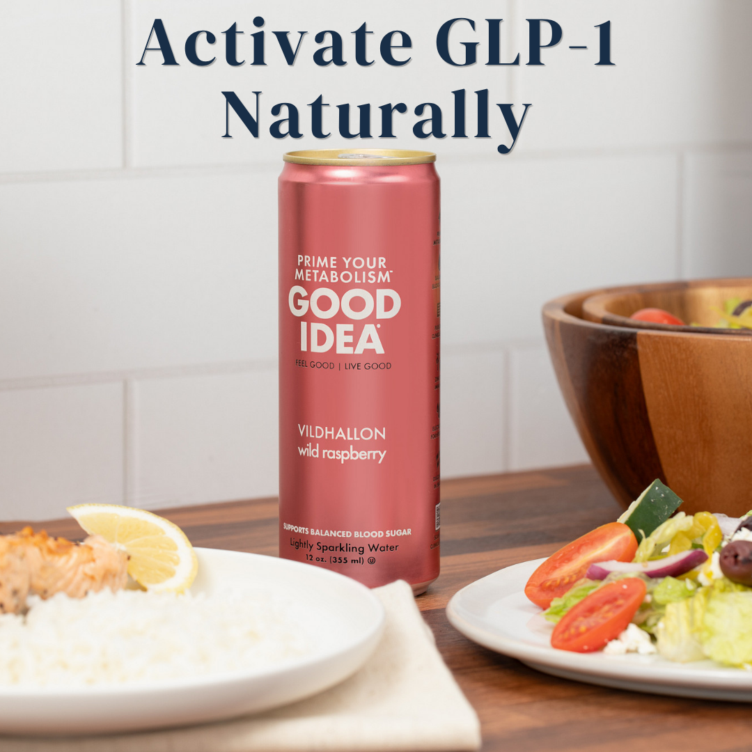 Can of GOOD IDEA sparkling water on a table with food and text that reads “Activate GLP‑1 Naturally”
