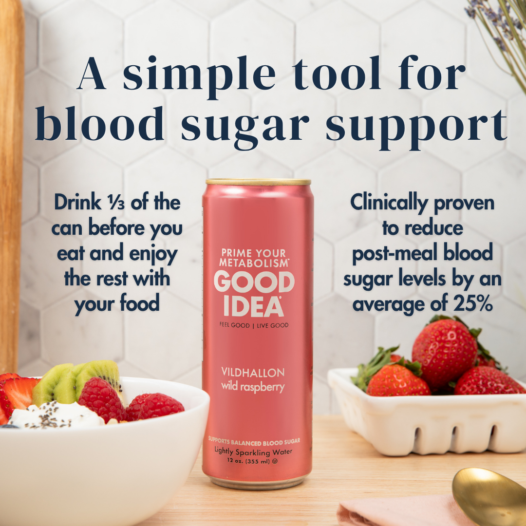 Can of Good Idea Wild Raspberry sparkling water on a countertop with fresh berries and a bowl of yogurt. Text on the image reads: “A simple tool for blood sugar support. Drink 1/3 of the can before your meal and enjoy the rest with your food. Clinically proven to reduce post‑meal blood sugar levels by an average of 25%.”